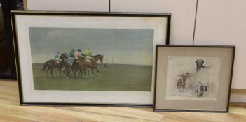 After Alfred Munnings, a coloured print, "October morning" and G. Vernon Stokes, a dry point