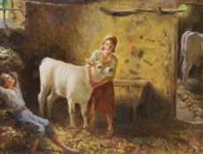 Giuseppe Magni (1869-1956), oil on canvas, farmyard interior with figures and cattle, signed, 49 x