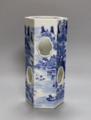 A Chinese blue and white hexagonal hat stand, late 19th century,27.5 cms high, painted with