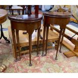 A near pair of small George II style red walnut D shaped folding tea tables, width 45cm, depth 22cm,