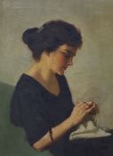 Salomon van Abbé (Dutch 1883-1955), oil on canvas, Portrait of a woman knitting, inscribed verso, 59