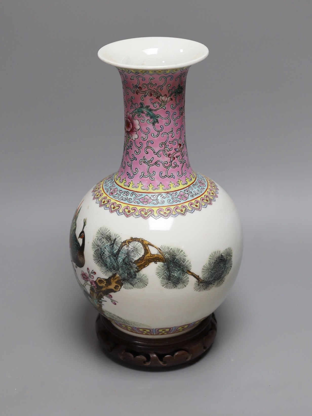 A Chinese famille rose vase, 27cm, on carved wood stand - Image 2 of 5