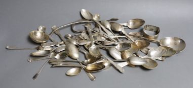 A quantity of mainly 19th century silver teaspoons, various dates and makers and other items