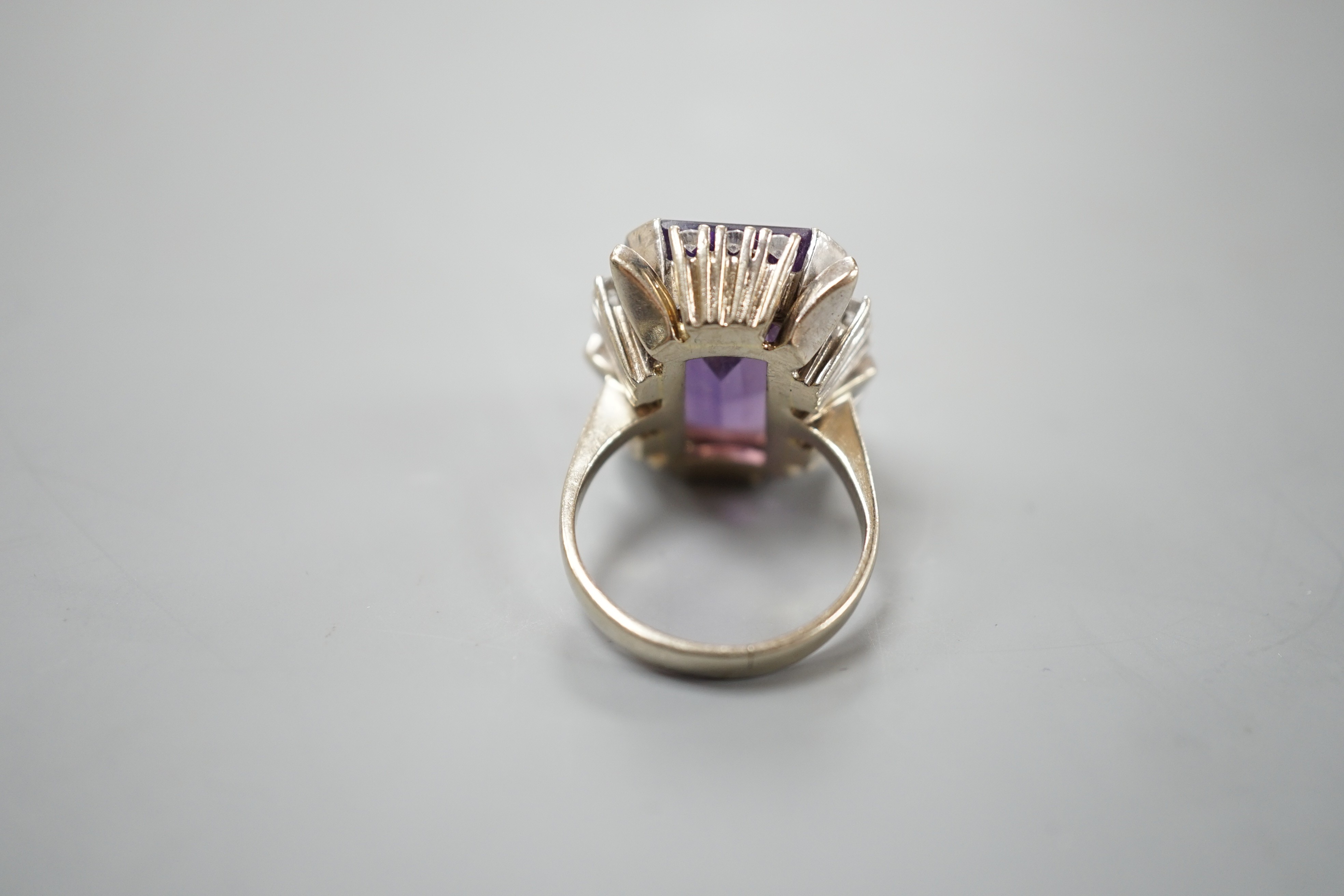 A 585 white metal emerald cut amethyst and diamond set cluster ring, size L, gross weight 11.5 - Image 3 of 4