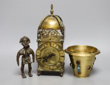 A cabochon-set pail, a 20th century lantern clock and an African cast metal figure