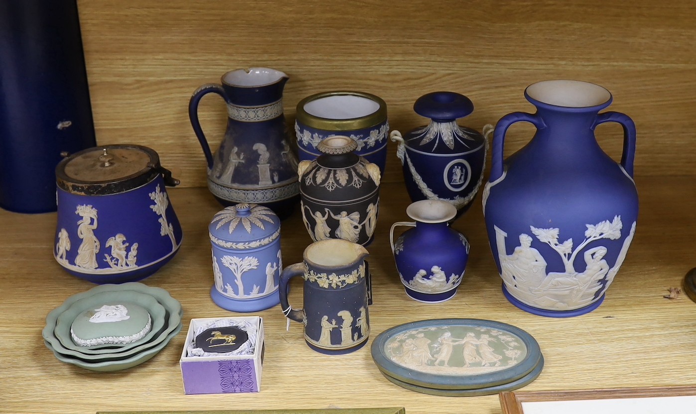 A collection of Victorian and later Jasperware, including a 19th century Wedgwood version of the