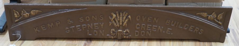A Kemp & sons, oven builders, Stepney Green, London, cast iron advertising standing panel,118 cms