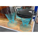 A pair of mid century style circular glass topped painted wrought iron occasional tables, diameter