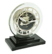 An Ato Art Deco electric mantel timepiece,22cms high, the glass dial with chromed arabic chapter