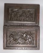 A pair of folk art oak panels, later frames:“Good ale ye raven inn” and “Ye gambler dream”,35.5