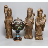 A group of three Chinese giltwood figures of the Star Gods and a Chinese cloisonné enamel jar, 33cm