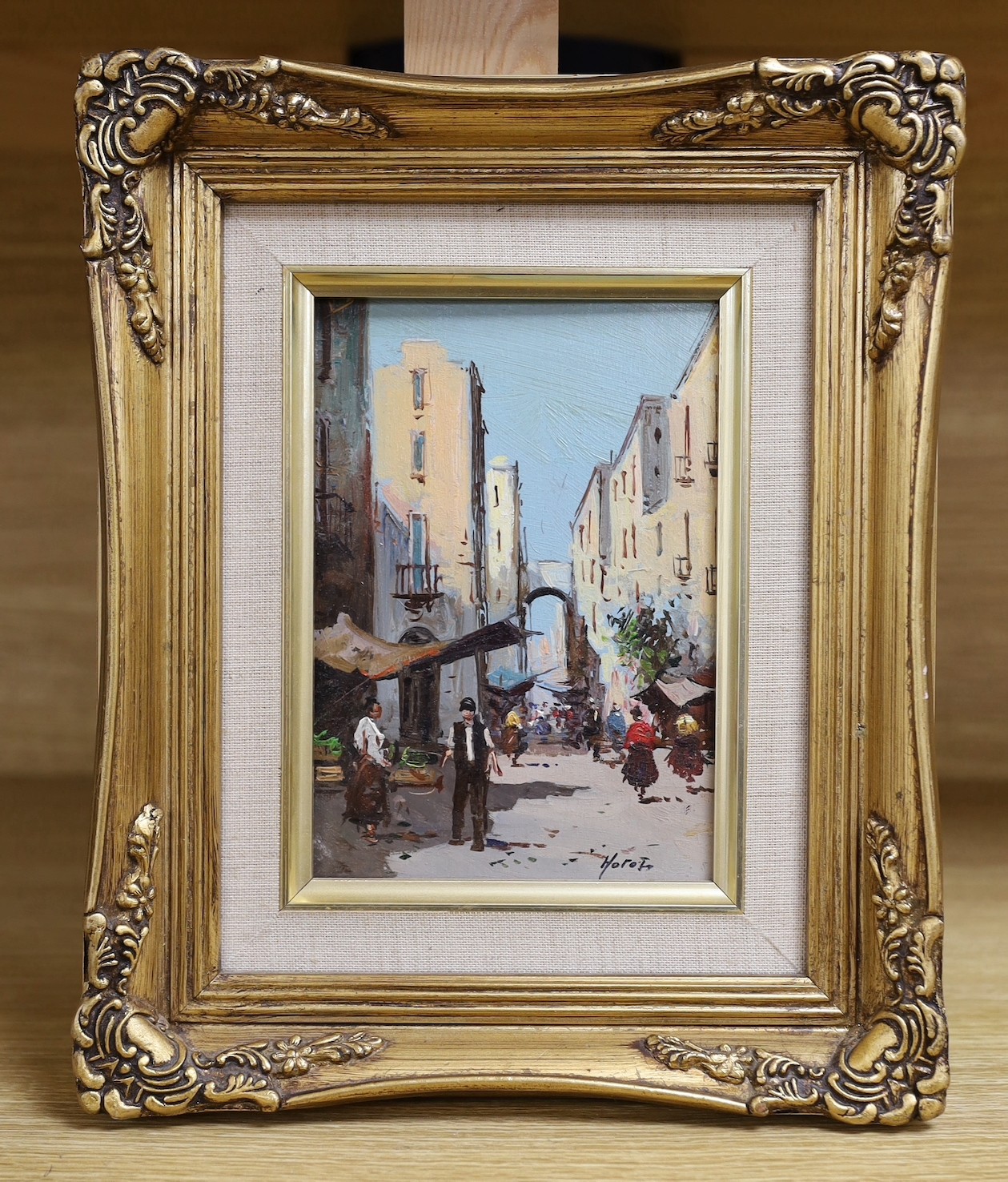 Horoso (Neapolitan School), oil on board, Street scene, signed, 17 x 12 cm - Image 2 of 3