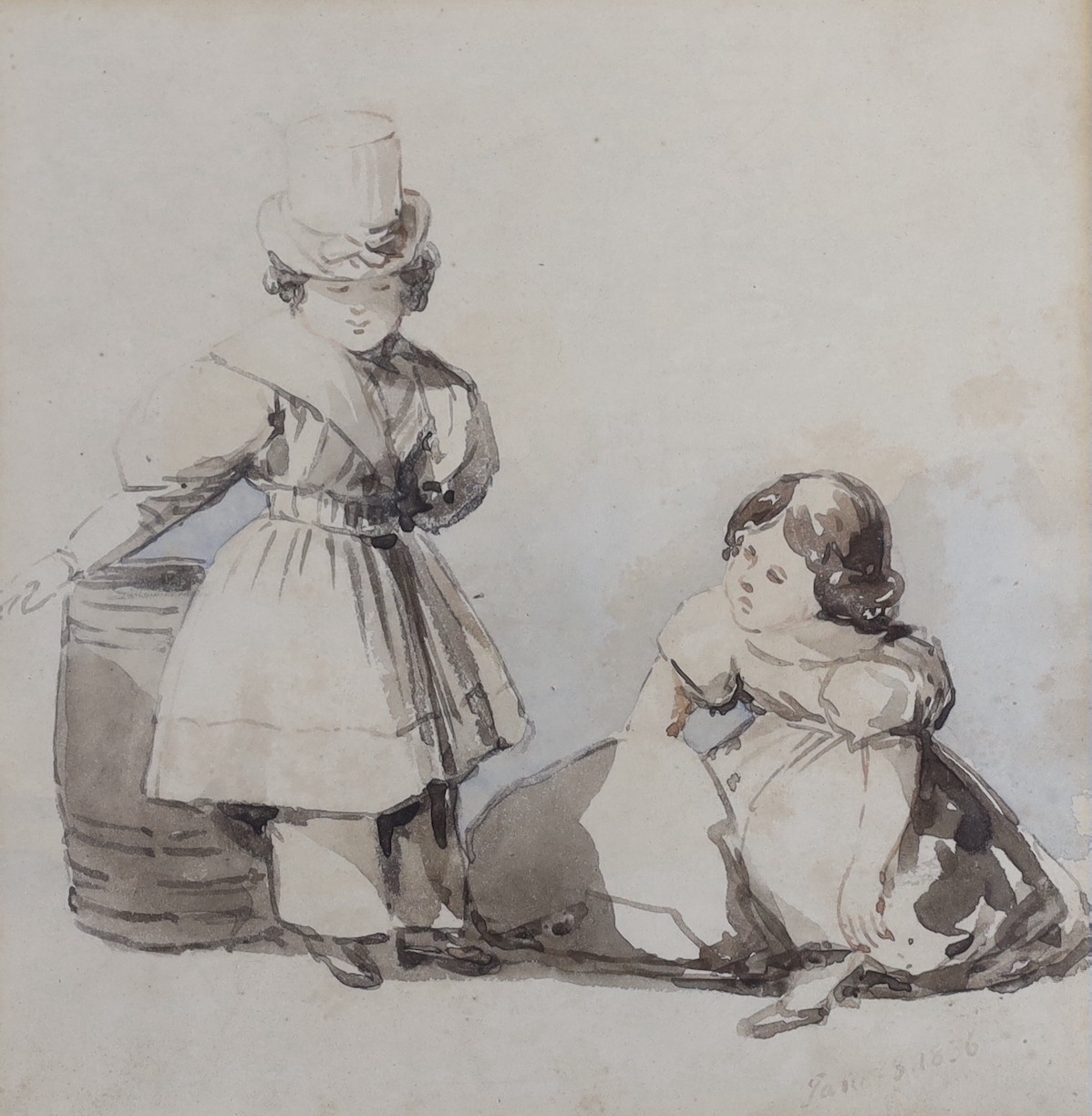 James (19th C.), watercolour, Study of two children, dated 1856, 17 x 16cm