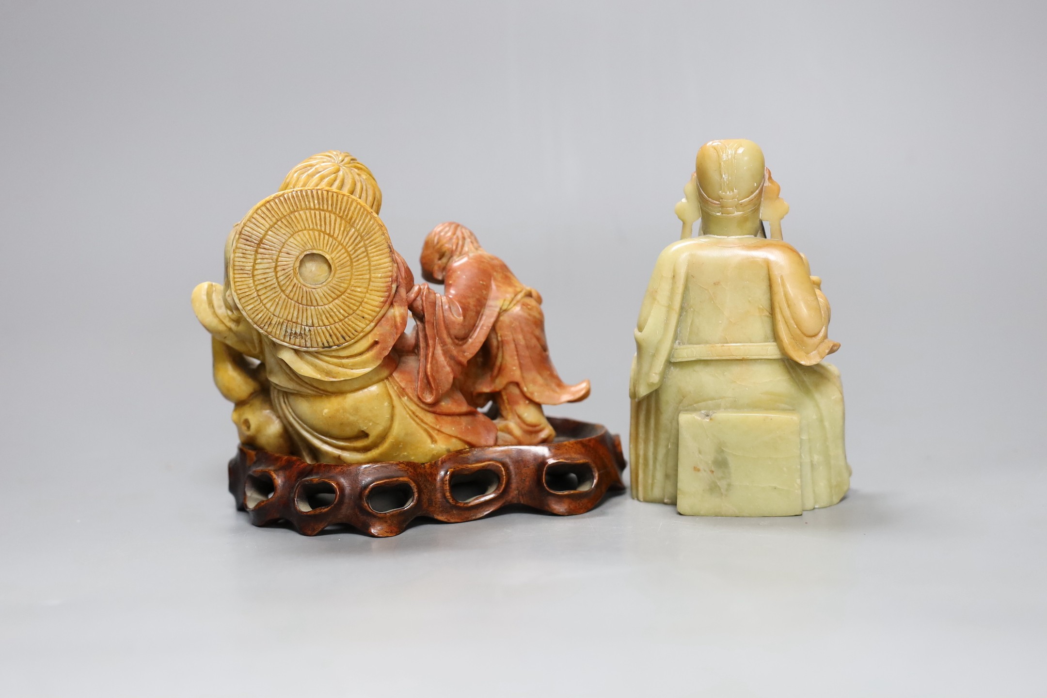 Two Chinese soapstone figures one wood stand,,widest 13 cms, - Image 2 of 3