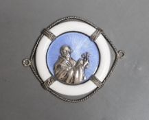 A modern silver and two colour enamel lifebuoy pendant, depicting St. Peter, maker J.W. Barrett &