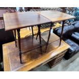 A near pair of late Victorian mahogany and walnut square two tier bedside tables, 48cm, height 66cm