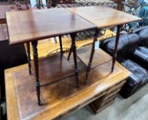 A near pair of late Victorian mahogany and walnut square two tier bedside tables, 48cm, height 66cm