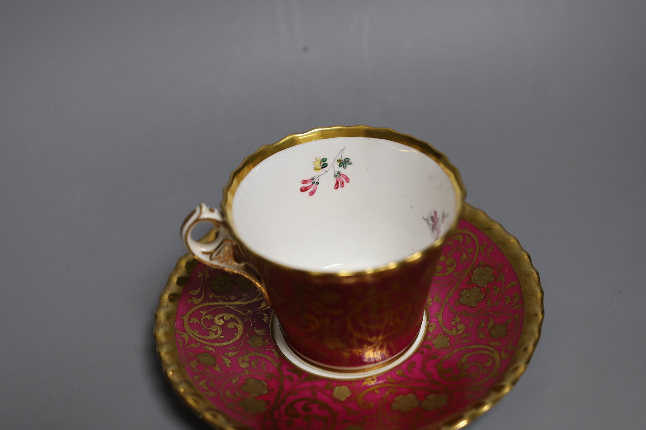 A Chamberlains Worcester superb coffee cup and saucer with crinson ground and elaborate gilding - Image 2 of 4