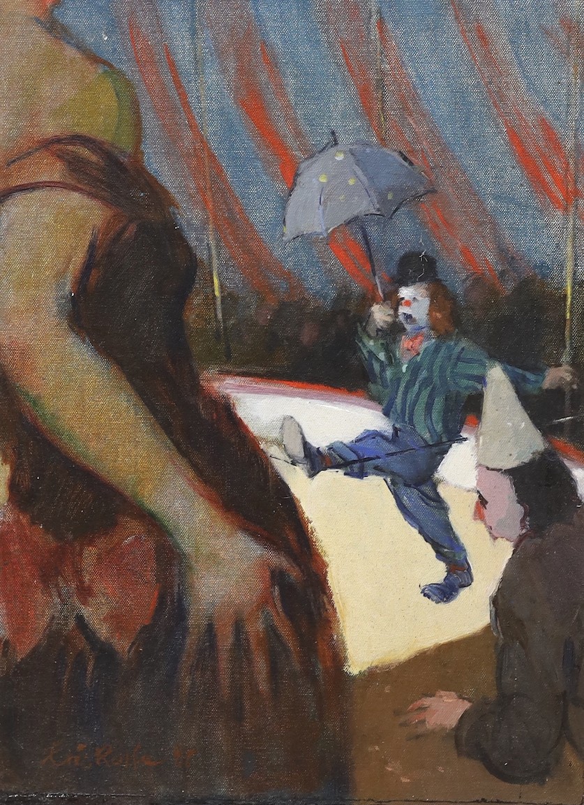 Eric Rolfe, oil on canvas board, Circus clowns, signed and dated '82, 40 x 30cm - Image 4 of 7