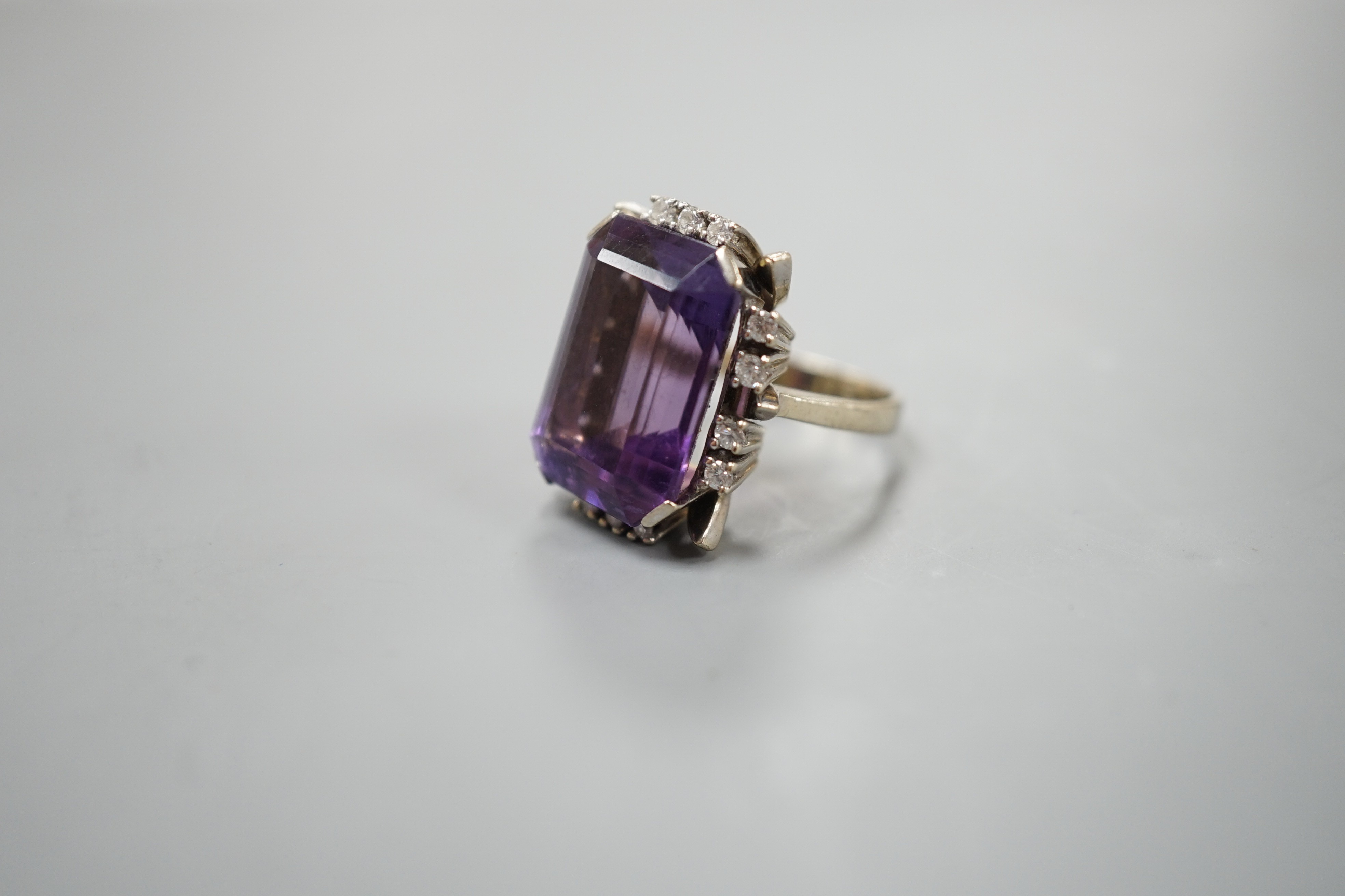 A 585 white metal emerald cut amethyst and diamond set cluster ring, size L, gross weight 11.5 - Image 2 of 4