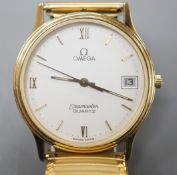 A gentleman's steel and gold plated Omega Seamaster quartz wrist watch, on associated flexible