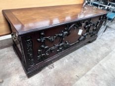 An 18th century style walnut coffer with carved applied front, width 140cm, depth 53cm, height 49cm