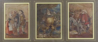 British School, early 20th century, triptych pen and ink and watercolour illustrations in the same