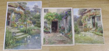 William Ashburner (active 1900-1932), three watercolours, Cottage Gardens, signed, unframed, largest
