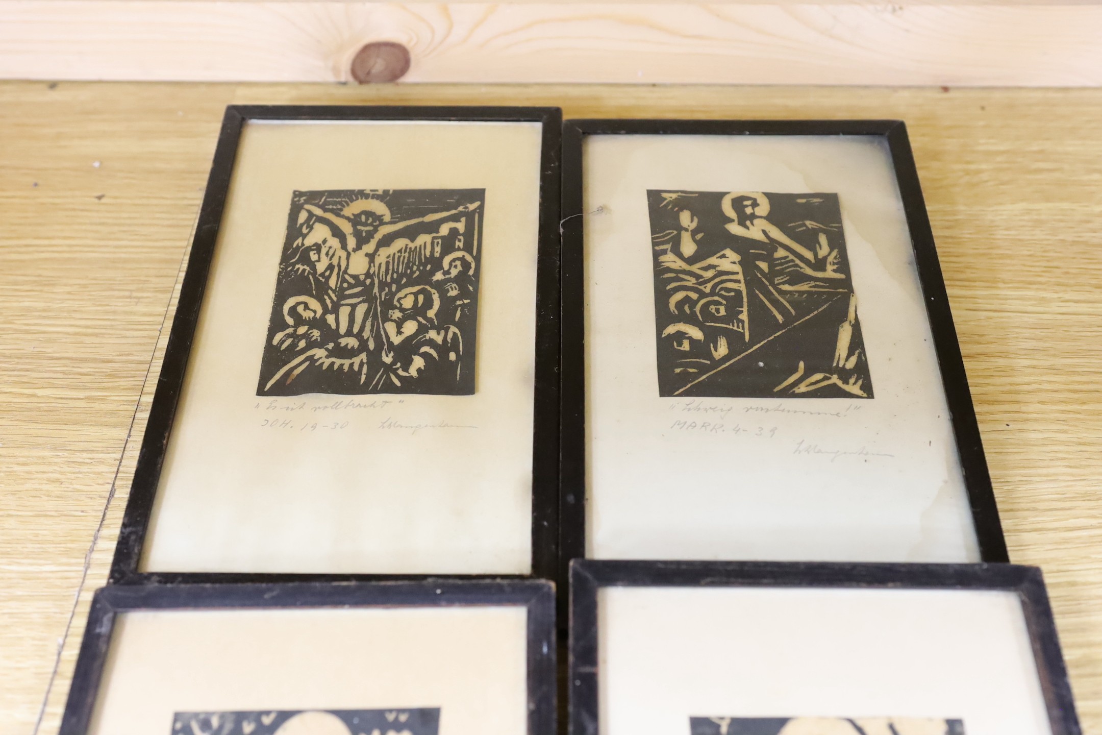 A group of six German woodblock prints, titled biblical scenes, frames 24 x 15cm - Image 4 of 4