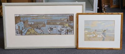 Michael Upton (1938-2002) Figures overlooking a harbourwatercolour on brown papersigned and dated '