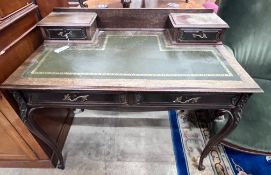A late Victorian carved mahogany writing desk, length 99cm, depth 58cm, height 88cm
