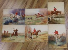 George Rankin (1864-1937), six watercolours on card, hunting scenes, signed, unframed, largest 27