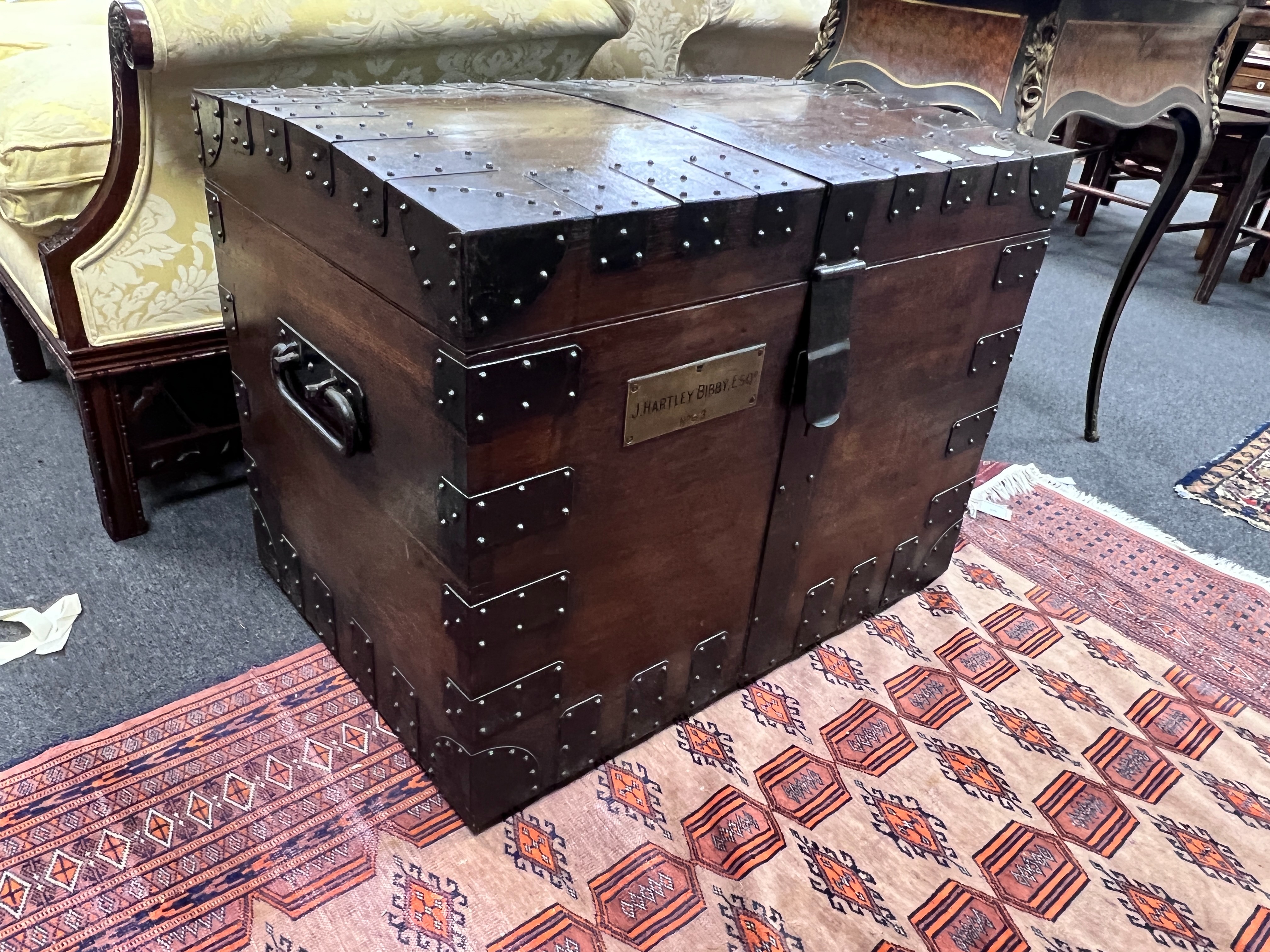 A Victorian iron bound oak silver chest, the engraved brass plaque marked J. Hartley Bibby Esq No. - Image 2 of 2