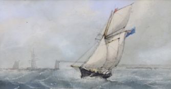 W. Cluett, watercolour, Yacht with blue Ensign off Headland, 10 x 20cm