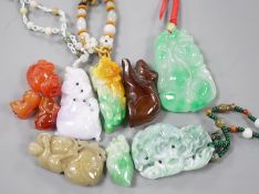 A group of ten jadeite and hardstone carvings and pendants