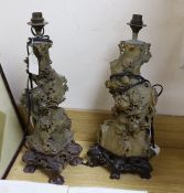 A pair of Chinese of carved soapstone lamps, 47cm total height