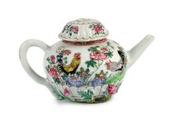 A Chinese famille rose chrysanthemum moulded teapot, early Qianlong period, painted with a