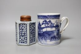 A Chinese blue and white tankard and a jar and cover,tankard 15.5 cms high,