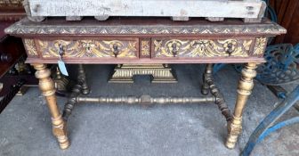 An early 20th century Flemish parcel gilt oak two drawer side table, width 109cm, depth 64cm, height