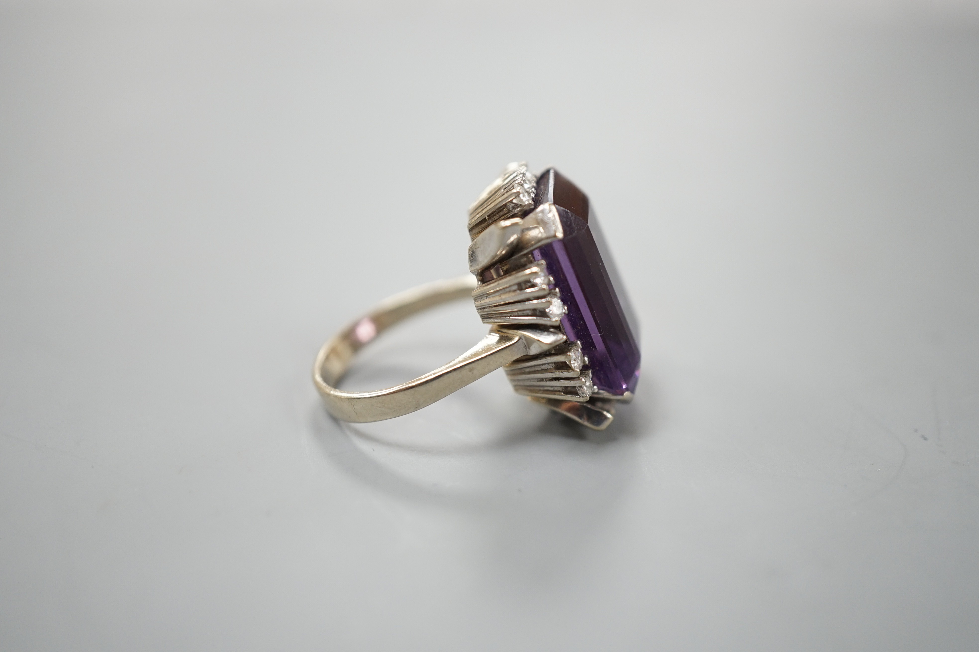 A 585 white metal emerald cut amethyst and diamond set cluster ring, size L, gross weight 11.5 - Image 4 of 4