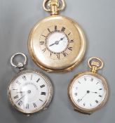 A gold plated Waltham keyless half hunter pocket watch, a George V silver fob watch and a gold