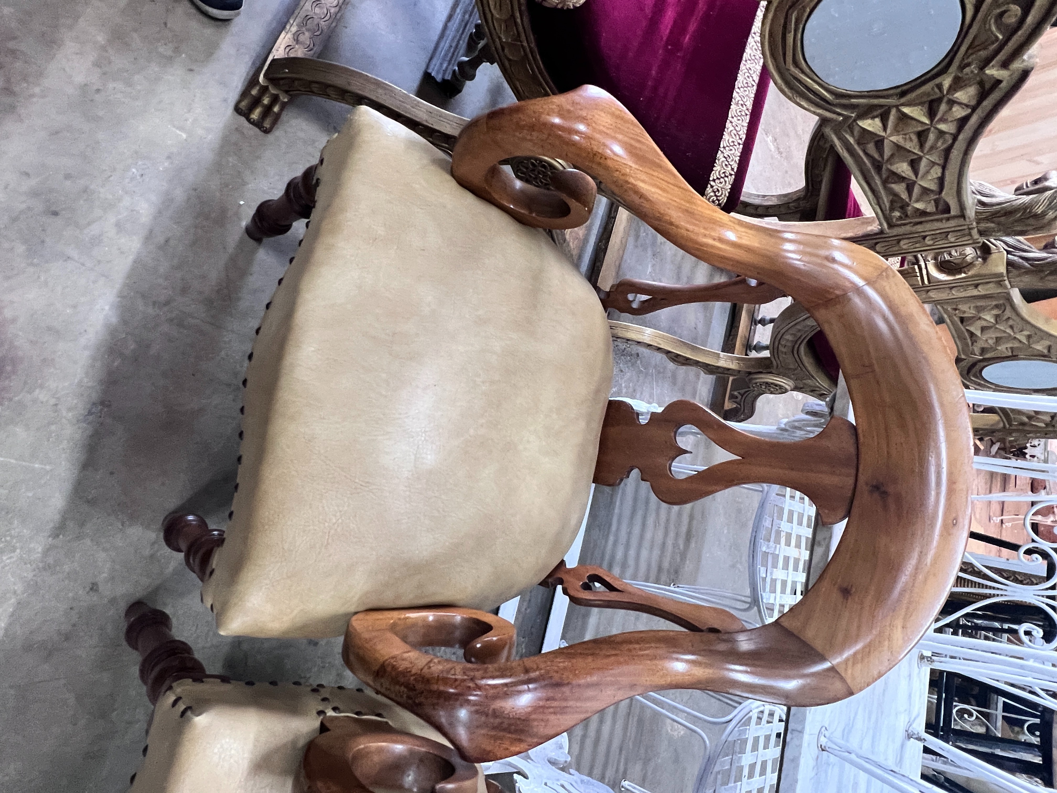 A pair of Victorian walnut elbow chairs with light brown leather seats, width 59cm, depth 51cm, - Image 3 of 4
