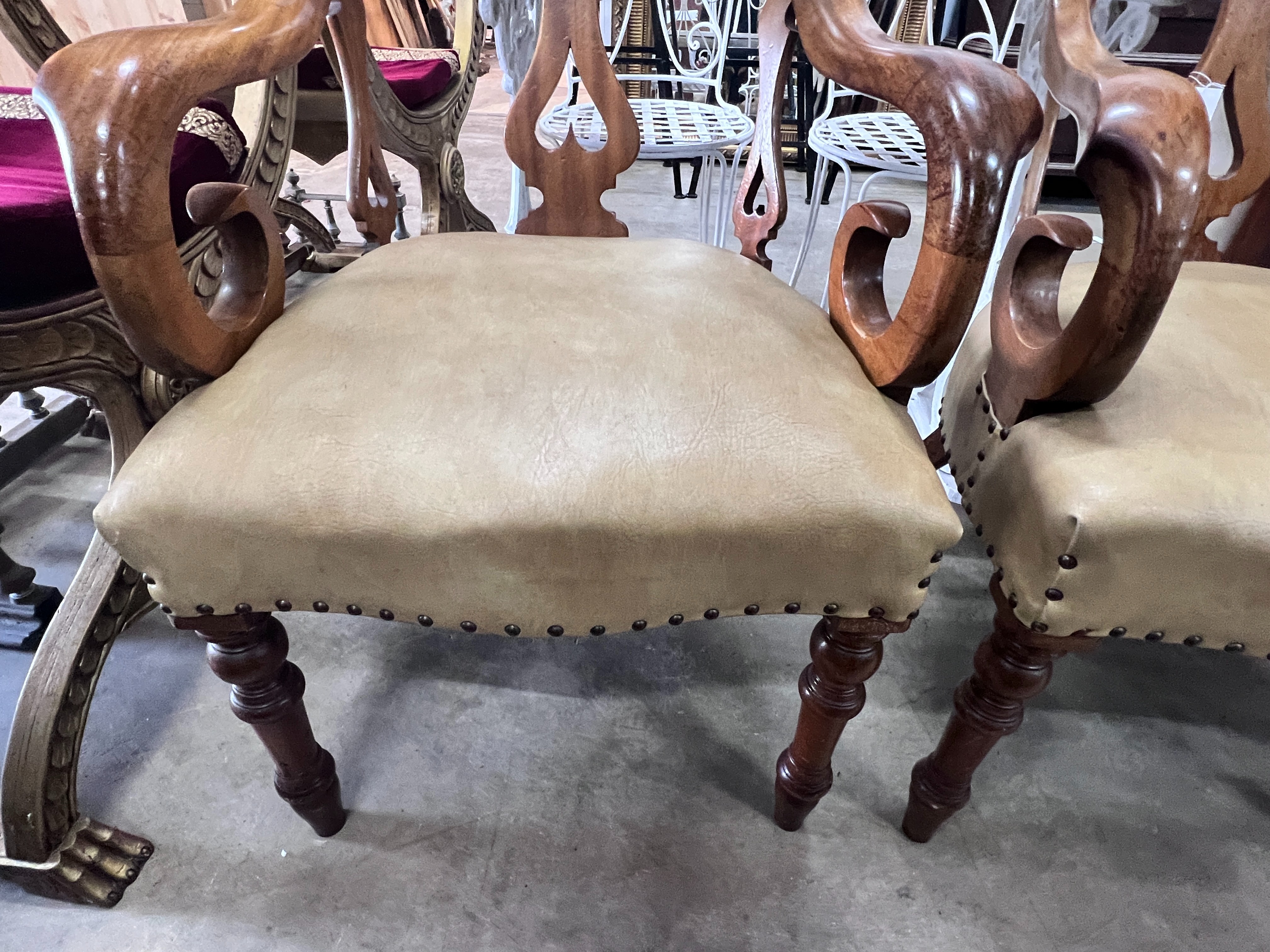 A pair of Victorian walnut elbow chairs with light brown leather seats, width 59cm, depth 51cm, - Image 2 of 4