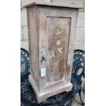 An Edwardian pitch pine bedside cabinet, width 36cm, height 76cm