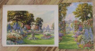 Howard Walford (1864–1950), two watercolours, summer gardens, one signed, unframed, largest 27 x