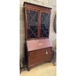 An Edwardian inlaid mahogany bureau bookcase, width 92cm depth 46cm height 205cm