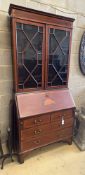 An Edwardian inlaid mahogany bureau bookcase, width 92cm depth 46cm height 205cm