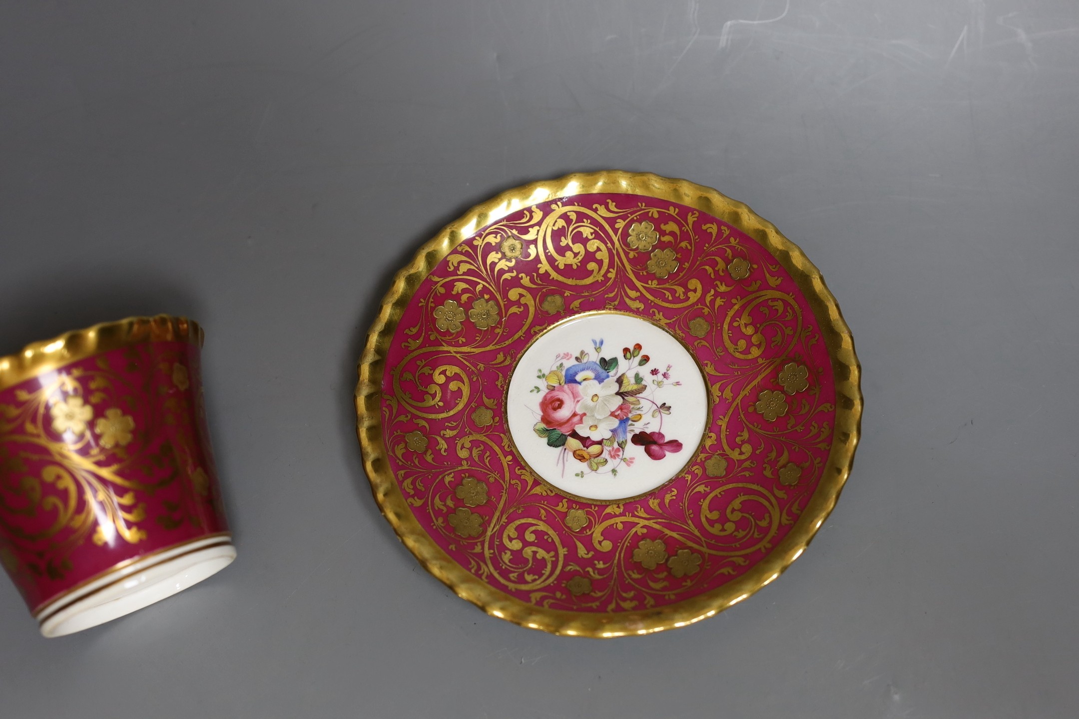 A Chamberlains Worcester superb coffee cup and saucer with crinson ground and elaborate gilding - Image 3 of 4