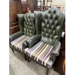 Two Victorian style buttoned green leather wing armchairs