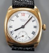 A gentleman's 1920's 9ct gold Waltham manual wind wrist watch, with Roman dial and subsidiary